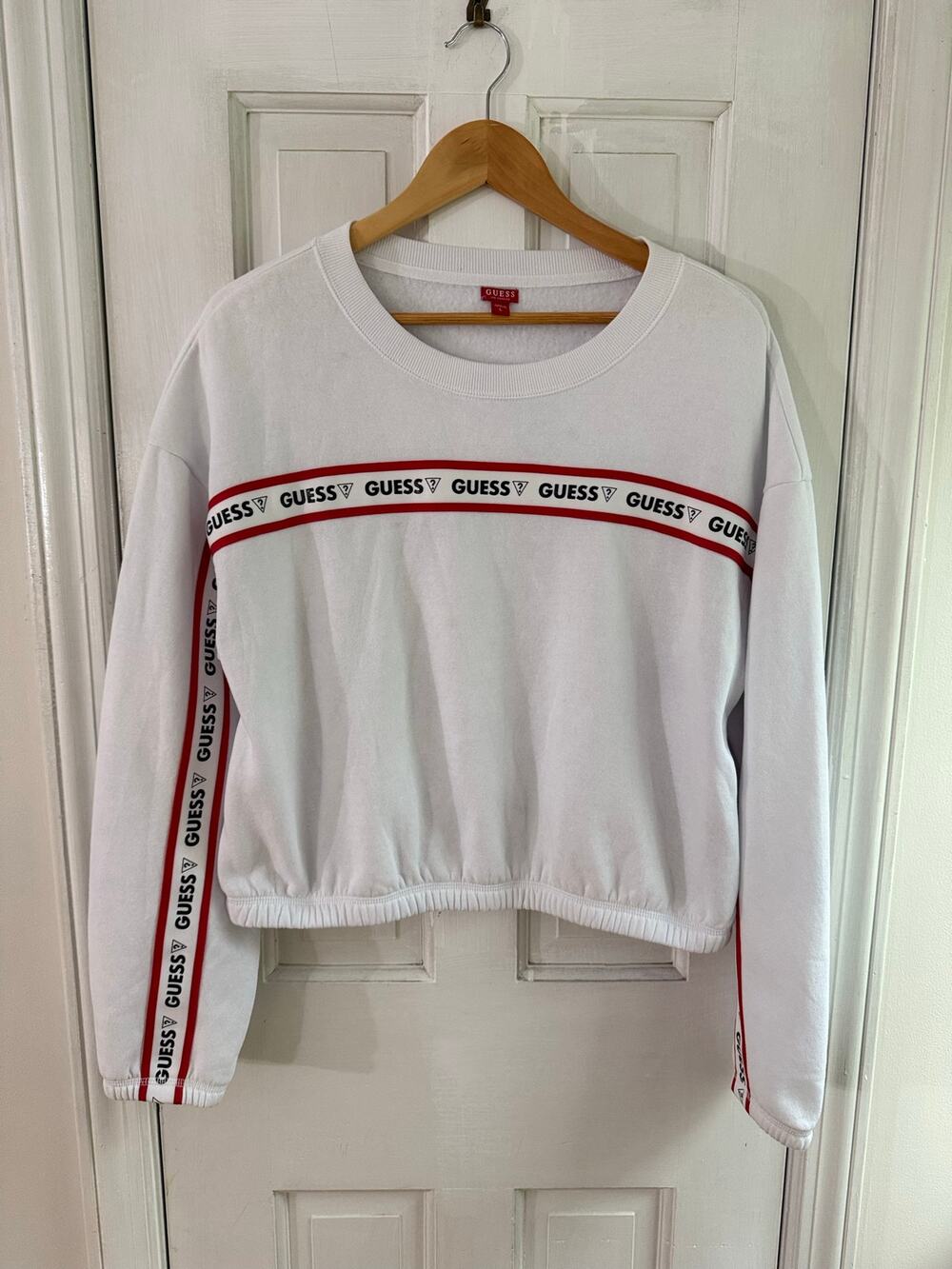 Vintage GUESS Logo Tape Trim Cropped Sweatshirt Womens Large White Red Stripe L
